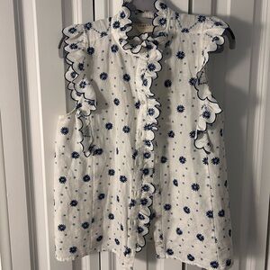 Sézane White Sleeveless Top with Blue Floral Pattern